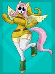  anthro belt big_breasts boots breasts clothed clothing cutie_mark diamond_grenadier equid equine female fluttershy_(mlp) footwear friendship_is_magic green_boots green_clothing green_footwear hair hasbro hi_res hooves horse legwear mammal mario_bros my_little_pony nintendo pink_hair pony shyguy solo spread_wings thigh_highs tight_clothing wings yellow_body 