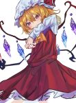  1girl adapted_costume arm_up ascot blonde_hair closed_mouth cowboy_shot crystal flandre_scarlet frilled_skirt frills hair_between_eyes hat holding holding_polearm holding_weapon laevatein_(touhou) long_sleeves looking_at_viewer medium_hair mob_cap multicolored_wings nari_(bikkii) polearm red_eyes red_ribbon red_skirt red_vest ribbon ribbon-trimmed_headwear ribbon_trim shirt simple_background skirt solo touhou vest weapon white_background white_headwear white_shirt wings yellow_ascot 