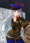  1girl absurdres alternate_costume belt blue_headwear blue_pants bow brown_belt eile finger_gun girls&#039;_frontline grey_hair gymnastiorka hair_between_eyes hair_bow hat highres long_hair military_uniform nkvd one_eye_closed orange_eyes pants parted_lips peaked_cap red_bow solo soviet tokarev_(girls&#039;_frontline) uniform 