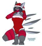  bdsm blush bondage bound christmas christmas_outfit claws clothing female gag gloves handwear hi_res holidays paws santa_claus tail tail_motion tailwag tape trevhart 