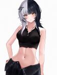  1girl absurdres black_hair breasts cloud_etoile crop_top cross cross_earrings earrings grey_hair hand_on_own_hip highres hololive hololive_english jewelry midriff multicolored_hair navel pendant shiori_novella split-color_hair virtual_youtuber yellow_eyes 