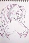  1girl animal_ears arknights breasts closed_mouth collarbone commentary_request feater_(arknights) highres huge_breasts jacket looking_at_viewer monochrome multicolored_hair navel nipples open_clothes open_jacket panda_ears solo traditional_media tsukareta_san two-tone_hair upper_body 