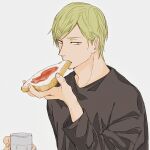  1boy aged_down black_shirt blonde_hair bob_cut bread bread_slice cup food food_in_mouth green_eyes grey_background holding holding_cup holding_food jujutsu_kaisen long_sleeves looking_at_viewer male_focus mcm3b3 mouth_hold nanami_kento shirt simple_background solo toast toast_in_mouth upper_body 