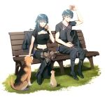  1boy 1girl a_(asan_a_aa) absurdres bench blue_eyes blue_hair breasts byleth_(female)_(fire_emblem) byleth_(fire_emblem) byleth_(male)_(fire_emblem) cat commentary_request dagger dog fire_emblem fire_emblem:_three_houses food full_body grass hair_between_eyes highres holding holding_food knife korean_commentary medium_breasts medium_hair midriff navel pantyhose sheath sheathed short_sleeves shorts simple_background sitting weapon white_background 