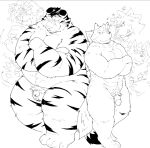  2023 anthro balls belly canid canine canis domestic_dog duo felid flaccid genitals hi_res kemono male male/male mammal moobs overweight overweight_male pantherine penis penis_size_difference pubes small_penis suishou0602 tiger 