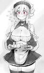  1girl absurdres apron ascot bandaged_hand bandages bare_shoulders bite_mark black_choker breasts chewing choker cleavage collarbone cup dress drinking_glass eating food frilled_dress frills greyscale highres holding holding_tray large_breasts light_blush light_rays long_bangs maid maid_apron maid_headdress mg_mg monochrome niwarhythm original pink_eyes puffy_cheeks raised_eyebrows revealing_clothes saliva saliva_drip shiny_skin short_hair skirt solo sound_effects spilling spot_color thick_thighs thighs torn_clothes torn_sleeves tray unconventional_maid white_background white_hair wine_glass 