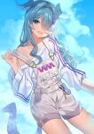  1girl blue_eyes blue_hair blue_nails blue_wings dragon_tail elira_pendora elira_pendora_(1st_costume) grey_overalls hair_ornament hair_over_one_eye head_wings highres long_hair nijisanji nijisanji_en one_eye_covered open_mouth overall_shorts overalls sky smile solo sweater tail umireki virtual_youtuber white_hair white_sweater wings x_hair_ornament 
