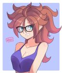  1girl alternate_hairstyle android_21 aqua_eyes artist_name bare_arms blush breasts brown_hair cleavage collarbone dragon_ball dragon_ball_fighterz glasses grin hair_between_eyes highres long_hair navietta ponytail smile 