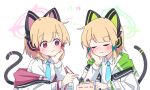  2girls :3 animal_ear_headphones animal_ears arm_support blonde_hair blue_archive blue_necktie blush bow cake cake_slice cat_ear_headphones cat_tail closed_eyes collared_shirt dated fake_animal_ears food fork green_bow green_halo hair_bow halo head_rest headphones highres holding holding_fork jacket looking_at_another midori_(blue_archive) momoi_(blue_archive) multicolored_clothes multicolored_jacket multiple_girls necktie pink_eyes pink_halo red_bow seal_007 shirt short_hair siblings sisters smile sweatdrop tail twins white_background white_shirt 