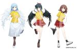  3girls black_hair black_pantyhose black_skirt black_socks black_wings blue_hair brown_eyes brown_footwear brown_hair cetacean_tail chyoel feathered_wings fins fish_tail full_body gloves headphones headphones_around_neck loafers long_skirt medium_hair moira_(nijisanji) multiple_girls nanami_(virtuareal) nijisanji official_art open_mouth pantyhose red_skirt sample_watermark shirt shoes short_hair skirt smile socks standing standing_on_one_leg t-shirt tail twintails v virtuareal watermark white_footwear white_gloves white_skirt white_wings wings yamagami_karuta yellow_eyes yellow_shirt 