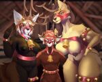  ailurid anthro antlers bell breasts canid canine canis christmas domestic_dog female goldie_(weirdcathq) group hi_res holidays horn kouki_(athelwah) male male/female mammal red_panda rope scarlet_(athelwah) size_difference trio weirdcathq 