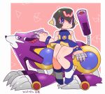  1girl android blue_dress blue_eyes closed_mouth dated dress full_body highres mechanical_hands mega_man_(classic) mega_man_(series) panties skirt treble_(mega_man) underwear w.waltz yellow_panties yuki_nishijin 