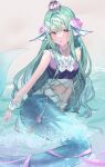  1girl crown finana_ryugu finana_ryugu_(1st_costume) fins flower frilled_sailor_collar frills green_hair hair_flower hair_intakes hair_ornament head_fins highres in_water long_hair mermaid monster_girl neck_tattoo nijisanji nijisanji_en purple_eyes purple_flower sailor_collar solo tattoo umireki virtual_youtuber wrist_cuffs 