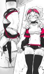  absurdres acrobatics back black_choker black_shorts black_thighhighs breasts cartwheel choker cleavage collarbone curvy goggles goggles_on_head greyscale highres leg_up long_sleeves medium_breasts monochrome niwamaru_(niwarhythm) niwarhythm original pink_eyes pink_trim shiny_skin short_shorts shorts sparkle spot_color strapless sweat thick_thighs thigh_gap thighhighs thighs toned tube_top white_background white_footwear white_hair 