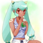  1girl arm_tattoo bare_arms casual closed_mouth cup dark-skinned_female dark_skin drinking_straw green_hair jewelry long_hair looking_at_viewer mega_man_(series) mega_man_legends navel red_eyes rimusutera simple_background smile solo striped tattoo twintails yuna_(mega_man) 