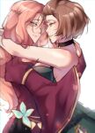  2girls absurdres arms_around_neck bare_shoulders breasts brown_eyes brown_hair choker circlet commission cornelia_arnim dress eye_contact eyeshadow fire_emblem fire_emblem:_three_houses flower_brooch forehead_jewel glasses green_dress green_eyes hair_slicked_back hand_on_another&#039;s_head highres jewelry large_breasts lipstick long_hair looking_at_another makeup manuela_casagranda mature_female mole mole_above_mouth mole_under_eye multiple_girls nail_polish nams_schmellows orange_eyeshadow orange_hair orange_lips pink_hair round_eyewear second-party_source short_hair side_slit sketch smile upper_body white_background yellow-framed_eyewear yuri 
