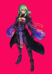  1girl armor armored_boots boots breasts byleth_(female)_(fire_emblem) byleth_(fire_emblem) commission dagger english_commentary fire_emblem fire_emblem:_three_houses full_body green_eyes green_hair hair_between_eyes hand_on_own_hip high_heel_boots high_heels highres knife medium_breasts medium_hair sethkiel sheath sheathed simple_background solo standing weapon 