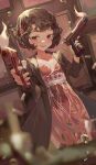  1girl :d absurdres black_coat black_hair blurry blurry_foreground blush bullet coat cowboy_shot curly_hair cxxxl dress dual_wielding dutch_angle feather_dress feather_hair_ornament feathers finger_on_trigger flat_chest gun hair_ornament hairband handgun hands_up highres holding holding_gun holding_weapon indoors jewelry looking_at_viewer lower_teeth_only necklace outstretched_arm outstretched_hand picture_frame red_dress red_eyes reverse:1999 schneider_(reverse:1999) shell_casing short_hair smile smoke smoking_gun solo teeth weapon white_hairband 