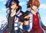  2boys akane_kazami black_gloves black_hair blue_sky brown_eyes brown_gloves brown_hair cloud coat dated dog_tags double-parted_bangs eiyuu_densetsu fingerless_gloves fist_bump gloves hair_between_eyes hajimari_no_kiseki highres jacket lloyd_bannings multiple_boys open_clothes open_coat parted_bangs purple_eyes rean_schwarzer sen_no_kiseki signature sky 