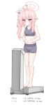  1girl absurdres ahoge alternate_costume asymmetrical_hair bare_arms bare_legs bare_shoulders barefoot bike_shorts black_shorts black_sports_bra blue_archive blush breasts closed_mouth collarbone commentary_request full_body halo highres jokebag korean_commentary korean_text long_hair natsu_(blue_archive) pink_eyes pink_hair pink_halo short_shorts shorts side_ponytail simple_background small_breasts solo sports_bra standing sweatdrop toes translation_request weighing_scale weight_conscious white_background 