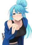  1girl ;o aqua_(konosuba) asahi_breweries beer_can blowing_kiss blue_eyes blue_hair blue_jacket blush breasts can collarbone contemporary foreshortening hair_bun heart highres holding holding_can izawa_(bhive003) jacket kono_subarashii_sekai_ni_shukufuku_wo! large_breasts long_hair looking_at_viewer midriff one_eye_closed simple_background single_hair_bun solo sousou_no_frieren very_long_hair white_background 