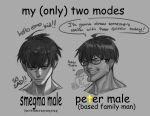  2boys ahoge cleft_chin double_chin english_text family_guy fat fat_man gigachad_(meme) glasses greyscale highres kowai_(iamkowai) male_focus meme monochrome multiple_boys original peter_griffin scar scar_on_face scar_on_nose short_hair speech_bubble 