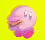  blue_eyes burger closed_mouth colored_skin commentary_request drop_shadow food highres holding holding_food kananishi kirby kirby_(series) light_blush light_smile looking_to_the_side no_humans partial_commentary pink_skin red_footwear shoes simple_background solo yellow_background 