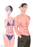  13nohuyu 1boy 1girl abs absurdres bare_arms bare_shoulders bikini black_hair black_male_swimwear black_shorts blue_bikini breasts brown_hair cleavage cowboy_shot eren_yeager grey_eyes hair_between_eyes hair_bun hands_in_pockets highres holding_another&#039;s_arm large_breasts looking_at_viewer looking_to_the_side male_swimwear mikasa_ackerman muscular muscular_female muscular_male parted_lips scar scar_on_cheek scar_on_face shingeki_no_kyojin short_hair shorts swimsuit thigh_gap topless_male twitter_username white_background 