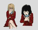  2girls black_hair blazer blonde_hair blue_bow blue_bowtie bow bowtie character_request closed_eyes commentary covering_mouth crossed_legs english_commentary grey_background hand_over_own_mouth highres jacket kyokyeo long_hair long_sleeves mob_psycho_100 multiple_girls open_mouth pleated_skirt red_jacket red_skirt school_uniform shaded_face short_hair simple_background sitting skirt sweat 