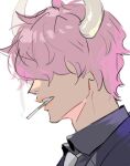  1boy cigarette clenched_teeth close-up grey_shirt hair_over_eyes horns lowres male_focus necktie one_piece pink_hair profile raine_(acke2445) shirt short_hair simple_background smoke solo teeth white_background white_horns white_necktie who&#039;s_who_(one_piece) 