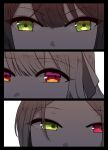  3girls assault_lily black_border border close-up commentary funada_kiito funada_ui green_eyes hair_between_eyes hair_ribbon heterochromia highres looking_at_viewer mole mole_under_eye monochrome multicolored_eyes multiple_girls nigari_(ngari_0115) orange_eyes parted_bangs portrait purple_eyes red_eyes ribbon shiba_tomoshibi siblings simple_background sisters spot_color symbol-only_commentary white_background 