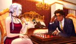  1boy 2girls absurdres bed blindfold blue_hair board_game bound bound_wrists bra breasts brown_hair byleth_(female)_(fire_emblem) byleth_(fire_emblem) chair chandelier chess chess_piece choker claude_von_riegan cleavage dark-skinned_male dark_skin dress earrings edelgard_von_hresvelg english_commentary fire_emblem fire_emblem:_three_houses green_eyes highres indoors jewelry long_sleeves medium_breasts medium_hair multiple_girls necktie pantyhose purple_eyes sethkiel sitting smile suit teeth underwear watch white_hair 