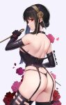  1girl ass black_corset black_gloves black_hair black_thighhighs breasts closed_mouth corset dagger dual_wielding elbow_gloves flower from_behind gloves gold_hairband hair_ornament hairband holding holding_dagger holding_knife holding_weapon jurrig knife large_breasts looking_at_viewer looking_back red_eyes rose solo spy_x_family thighhighs thong weapon yor_briar 