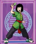  1girl alternate_costume black_hair black_pants chinese_clothes chopsticks clenched_hand commentary ekubo_(mob_psycho_100) english_commentary full_body green_shirt holding holding_chopsticks kurata_tome kyokyeo mob_psycho_100 open_mouth pants purple_background shirt shoes short_hair short_sleeves simple_background smile sneakers solo standing 