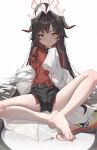  absurdres ahoge arrow_(symbol) bare_legs barefoot black_shorts blue_archive blush curled_horns feet hair_intakes highres horns kasumi_(blue_archive) knee_up long_hair long_sleeves looking_at_viewer micro_shorts parted_lips red_shirt shirt shorts sitting sleeves_past_fingers sleeves_past_wrists smile tail v-shaped_eyebrows very_long_hair white_background yellow_eyes zhoi_star 
