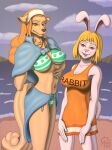  anthro beach bikini blonde_hair bottomwear breasts brown_eyes canid canine canis cape carrot_(one_piece) clothing cloud domestic_dog dress duo female female/female fur hair hi_res lagomorph leporid long_hair mammal midriff minkmen_(one_piece) navel one_piece orange_hair rabbit sacrificabominat sea seaside skirt swimwear wanda_(one_piece) water white_body white_fur 