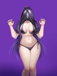  1girl bare_arms bare_legs bikini black_bikini black_shirt breasts claw_pose collarbone commentary doki_doki_literature_club english_commentary facing_viewer feet_out_of_frame hands_up highres large_breasts long_hair nail_polish navel no_pants potetos7 print_bikini print_shirt purple_background purple_hair purple_nails shirt shirt_over_head short_sleeves side-tie_bikini_bottom simple_background solo spider_web_print stomach swimsuit t-shirt thighs very_long_hair yuri_(doki_doki_literature_club) 