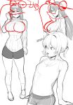  1boy 2girls absurdres cleft_chin double_chin family_guy fat fat_man greyscale highres kowai_(iamkowai) monochrome multiple_girls multiple_views peter_griffin short_hair short_twintails shorts sketch sweater tank_top twintails 