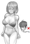  1boy 1girl absurdres breasts character_request copyright_request english_text greyscale highres kowai_(iamkowai) large_breasts monochrome short_hair sketch sweatdrop swimsuit 