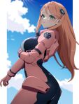  1girl aida_rayhunton ass blush bodysuit breasts campbell_xx closed_mouth cloud cloudy_sky from_side green_eyes gundam gundam_g_no_reconguista hair_ornament highres large_breasts long_hair looking_at_viewer looking_to_the_side orange_hair pilot_suit pink_hair simple_background sky solo swept_bangs 