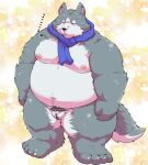  2023 anthro balls belly big_belly canid canine canis domestic_dog ellipsis genitals grey_body hi_res kemono male mammal micropenis moobs nipples overweight overweight_male penis pubes scarf small_penis solo suishou0602 