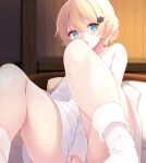  1girl :o ankle_socks blonde_hair blue_eyes commentary_request covering_crotch covering_privates dress dress_tug esia_mariveninne fang hair_between_eyes hair_ornament hairpin highres indoors komone_ushio light_blush looking_to_the_side open_mouth original paid_reward_available pillow rabbit_hair_ornament short_hair sitting socks solo thighs white_dress white_socks 