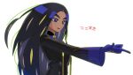  1girl black_hair black_jacket blue_eyes blue_gloves buttons dark-skinned_female dark_skin eyelashes geeta_(pokemon) gloves highres jacket long_hair long_sleeves lvetica neck_ribbon open_mouth outstretched_arm pokemon pokemon_sv ribbon simple_background solo teeth tongue white_background yellow_ribbon 