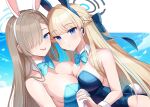  2girls animal_ears asuna_(blue_archive) asuna_(bunny)_(blue_archive) blonde_hair blue_archive blue_bow blue_bowtie blue_eyes blue_hair blue_halo blue_leotard blush bow bowtie braid breasts cleavage closed_mouth detached_collar fake_animal_ears fake_tail gloves halo large_breasts leotard light_brown_hair long_hair looking_at_viewer medium_breasts multicolored_hair multiple_girls official_alternate_costume parted_lips rabbit_ears rabbit_tail sakura_ran smile strapless strapless_leotard streaked_hair tail toki_(blue_archive) toki_(bunny)_(blue_archive) tongue tongue_out white_gloves wrist_cuffs 