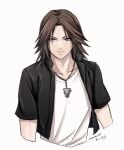 1boy black_jacket brown_hair chain_necklace commentary cropped_jacket cropped_torso dated final_fantasy final_fantasy_viii grey_eyes hiryuu_(kana_h) jacket jewelry kingdom_hearts kingdom_hearts_ii male_focus necklace open_clothes open_jacket scar scar_on_face serious shirt short_hair signature solo squall_leonhart upper_body v-neck white_shirt 