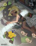  1girl black_shorts blonde_hair cellphone closed_eyes closed_mouth eyebrow_cut flip_phone highres indoors lying octoling octoling_girl on_bed on_side phone qqq_9902 shorts sleeping smallfry_(splatoon) solo splatoon_(series) splatoon_3 tentacle_hair twitter_username zzz 