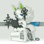  absurd_res anthro cable canid canine chinese_text clothing computer electronics english_text female fox hi_res laptop magnetic_tape mammal sachi_the_spirit_fox simple_background solo tape_reel text tysontan white_body 