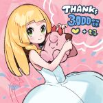  1girl blonde_hair blush braid closed_mouth doll dress eyelashes green_eyes heart highres holding holding_doll kinocopro lillie_(pokemon) long_hair looking_at_viewer milestone_celebration pink_background pokemon pokemon_sm sleeveless sleeveless_dress smile solo thank_you white_dress 