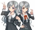  2girls :o arm_hug asymmetrical_bangs bent_v black_dress blush bow bowtie braid braided_bangs collarbone dress grey_hair hisakawa_hayate hisakawa_nagi idolmaster idolmaster_cinderella_girls juliet_sleeves long_hair long_sleeves looking_at_viewer multiple_girls puffy_sleeves red_bow red_bowtie siblings simple_background sisters smile twins twintails v vayashi very_long_hair white_background wrist_cuffs 