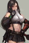  1girl abs black_hair crop_top final_fantasy final_fantasy_vii final_fantasy_vii_remake highres long_hair looking_at_viewer low-tied_long_hair materia miche miniskirt muscular muscular_female single_arm_guard skirt solo standing suspender_skirt suspenders sweat tank_top tifa_lockhart toned white_tank_top wiping_face 